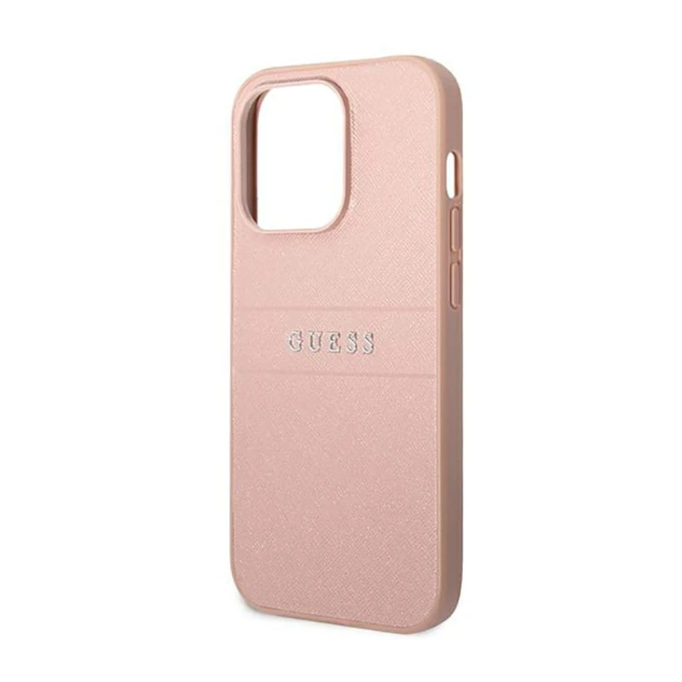 Etui GUESS Saffiano Metal Logo Stripes iPhone 14 Pro Max (różowy)