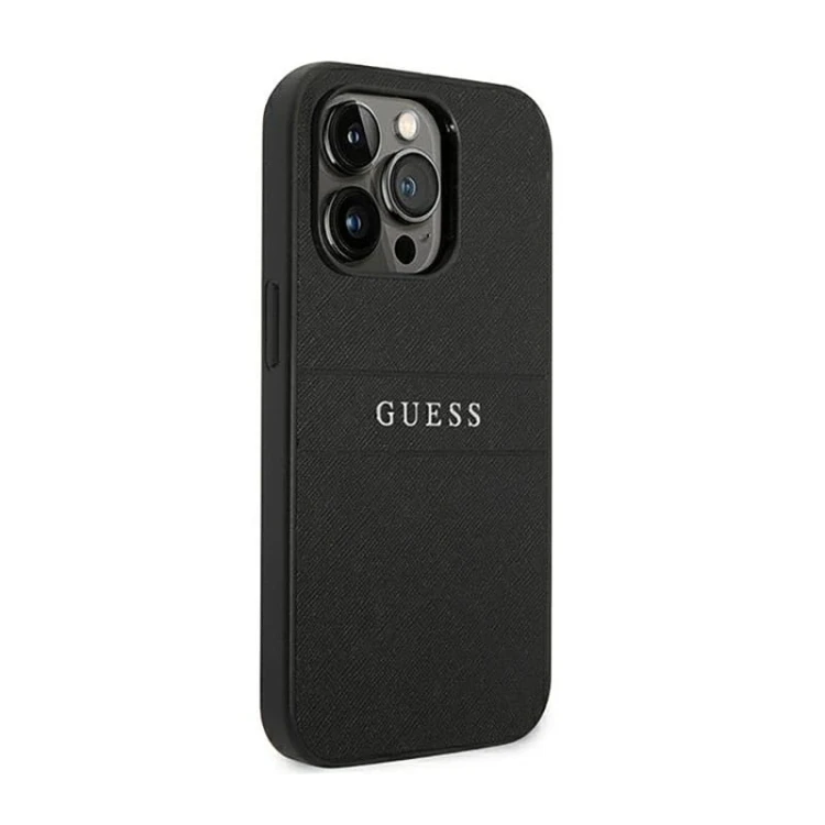 Etui GUESS Saffiano Metal Logo Stripes iPhone 14 Pro Max (czarny)
