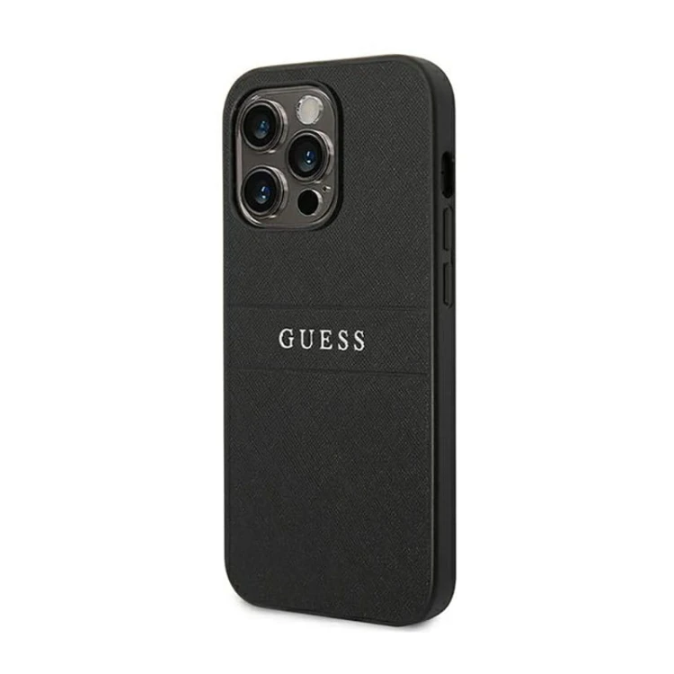 Etui GUESS Saffiano Metal Logo Stripes iPhone 14 Pro Max (czarny)