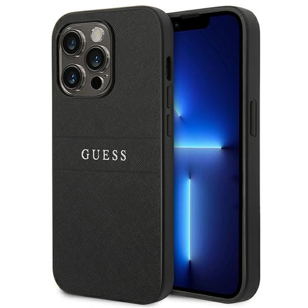 Etui GUESS Saffiano Metal Logo Stripes iPhone 14 Pro Max (czarny)