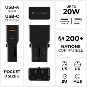 Zasilacz Rolling Square Travel USB-C PD + USB-A 20W (czarny)