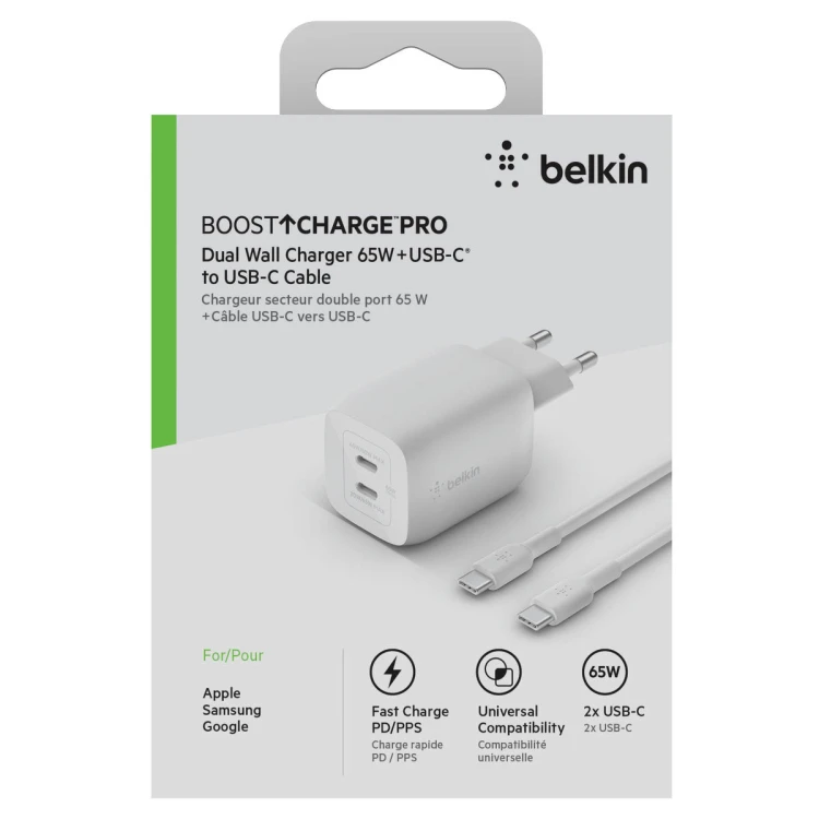 Zasilacz Belkin 2xUSB-C PD GaN 65W + kabel 2m