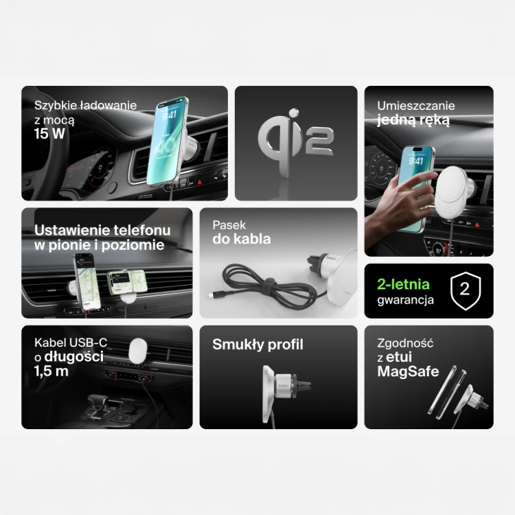 Ładowarka samochodowa magnetyczna Belkin Qi2.0 15W